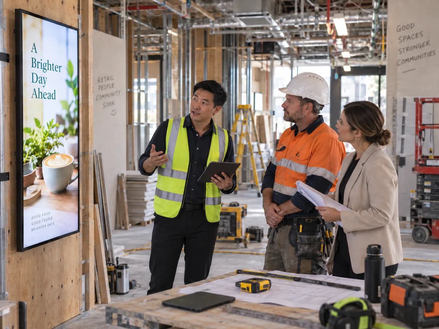 Fit-out team discussing a commercial project at a construction site.