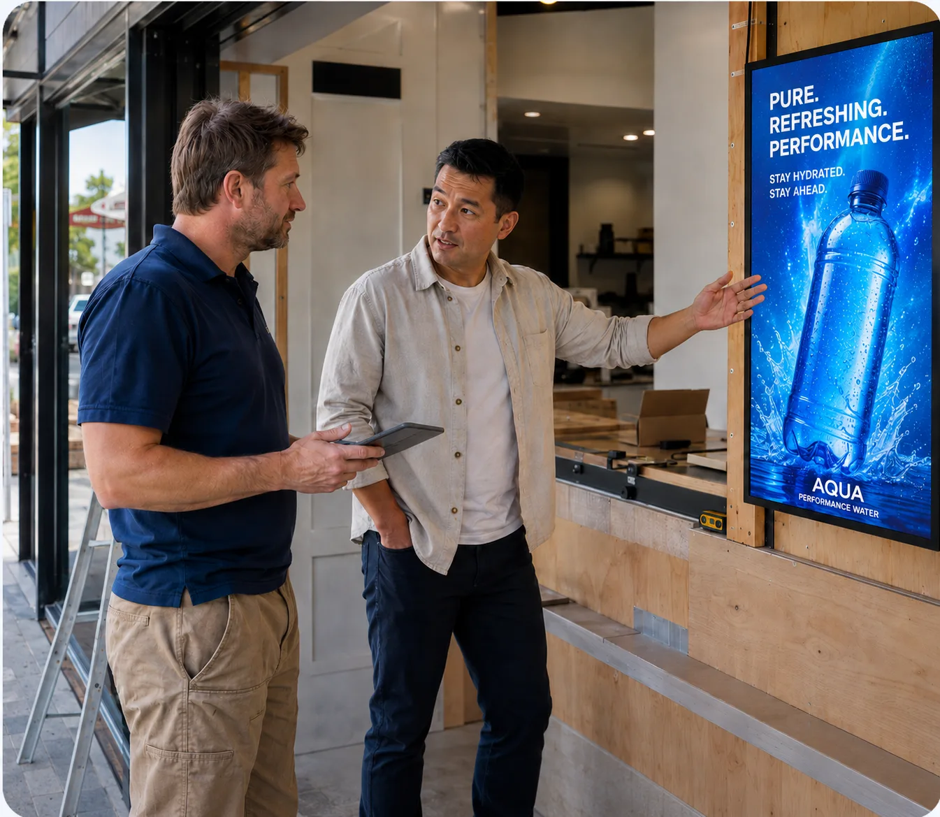 Two people discussing a vertical LED advertising screen in a commercial interior.
