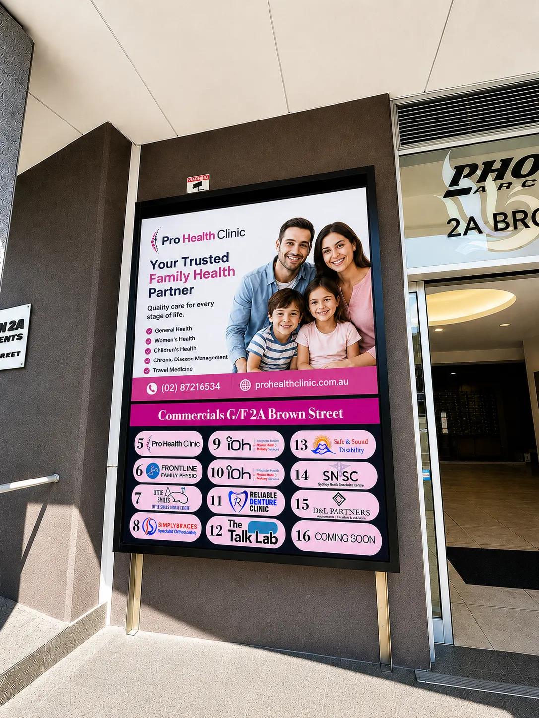 Commercial building LED directory and advertising screen installed in Ashfield, Sydney.
