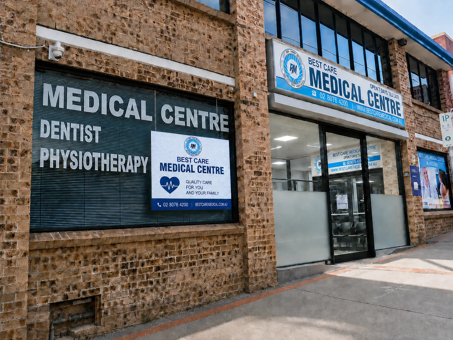 LED information screen installed behind a medical centre shopfront window in Blacktown, Sydney.