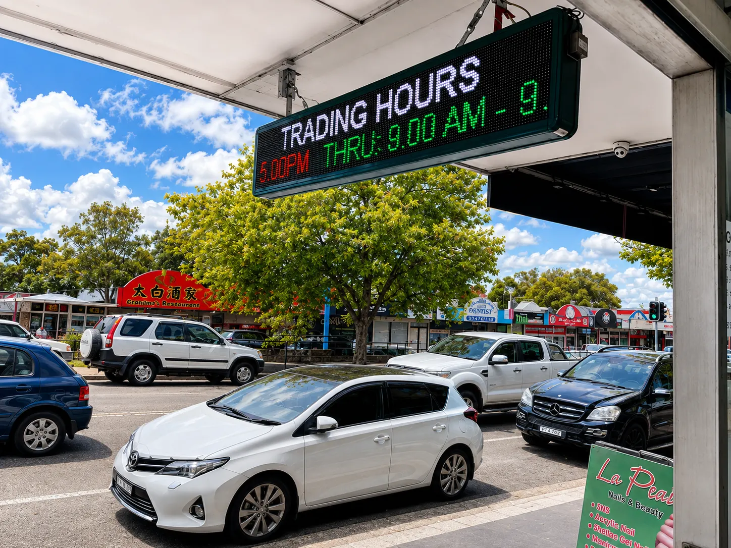 Double-sided LED screen mounted beneath a beauty salon awning in Carramar, Sydney.