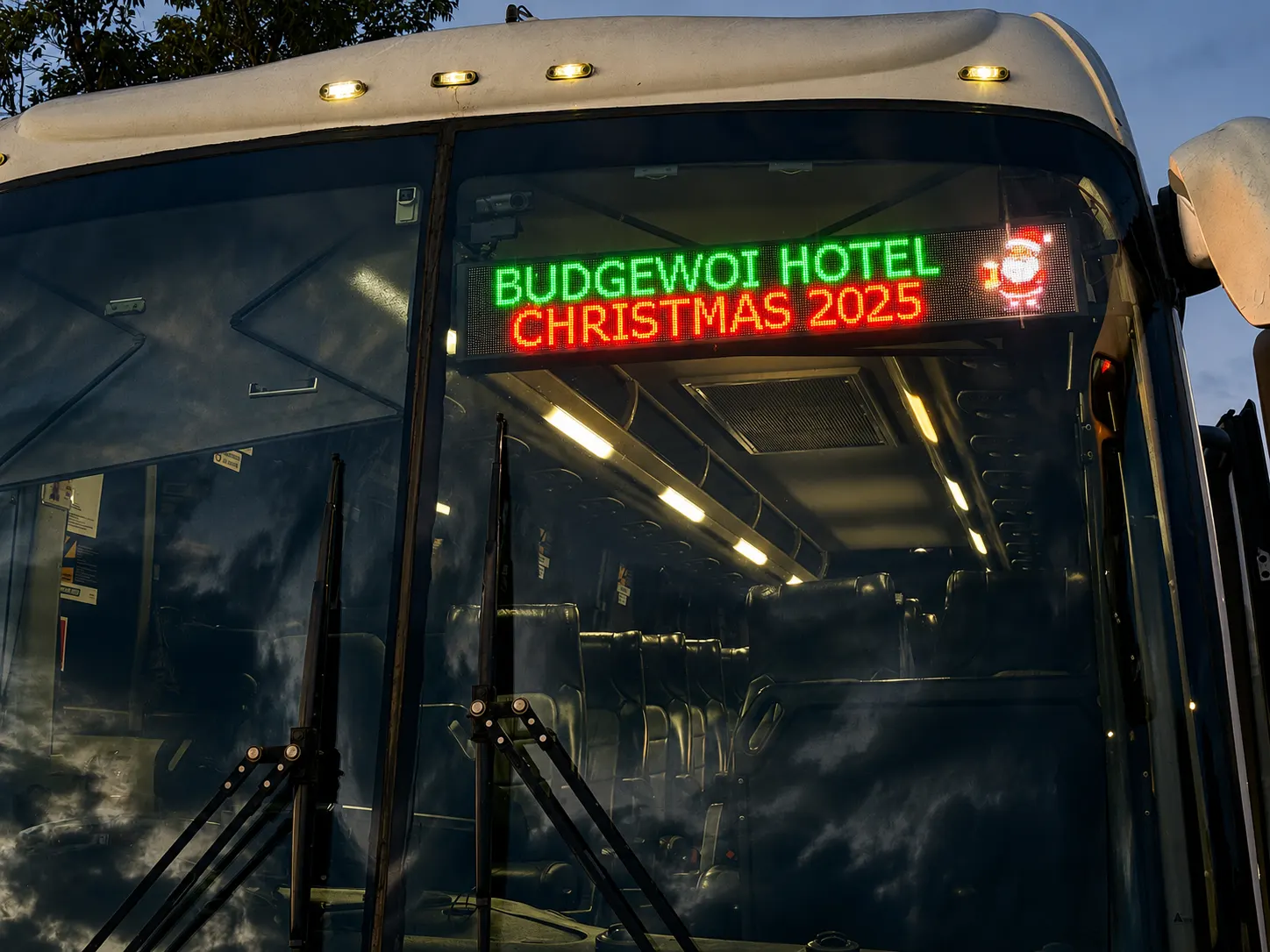LED destination display installed at the front of a charter bus on the NSW Central Coast.