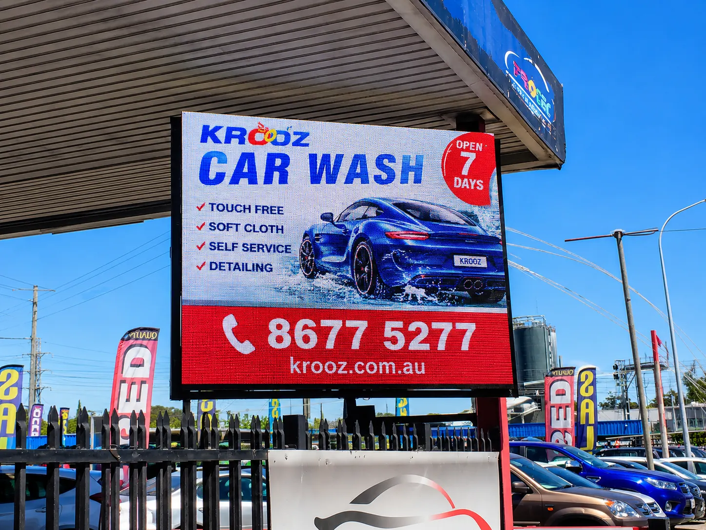Roadside LED advertising screen installed at a car rental business in Granville, Sydney.