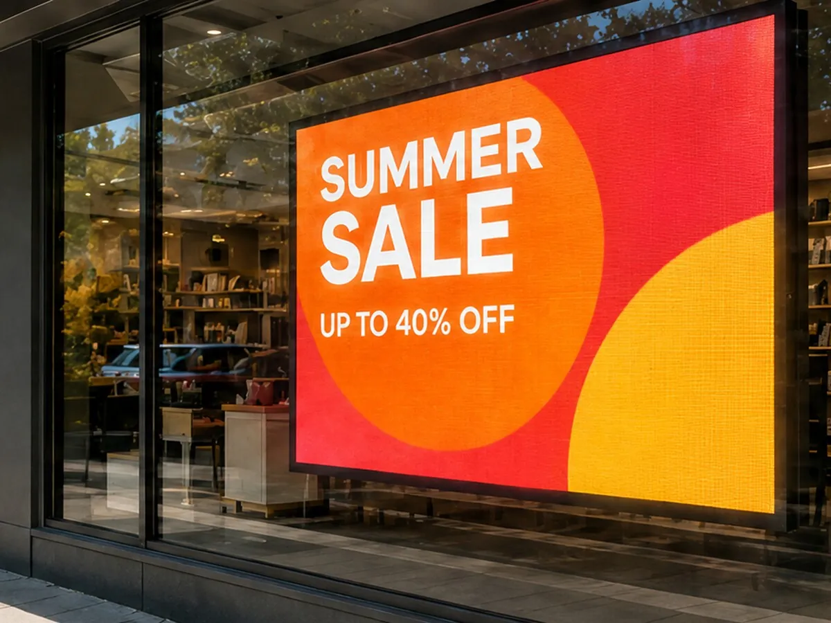 Bright digital display showing a Summer Sale advertisement in a shopfront window.